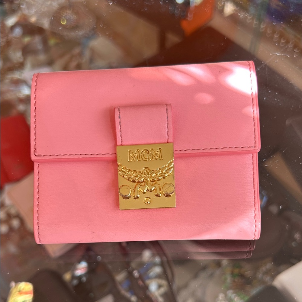 MCM Pink Leather Small Trifold Wallet with Gold Plaque